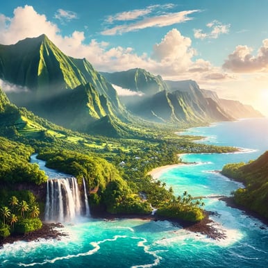 DALL·E 2025-02-05 10.14.31 - A breathtaking tropical landscape representing La Réunion. The image should showcase the island’s iconic scenery, including lush green mountains, wate